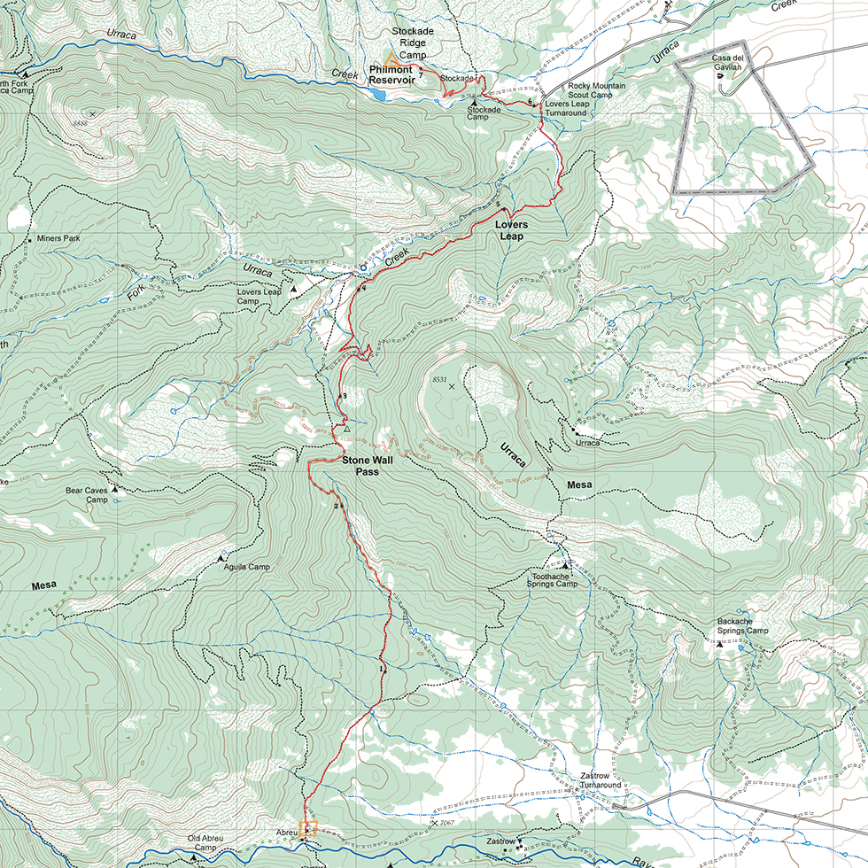topographic map route between Apache Springs and Fish Camp