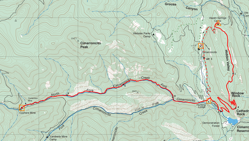 topographic map of route from Aspen Springs to Cyphers Mine