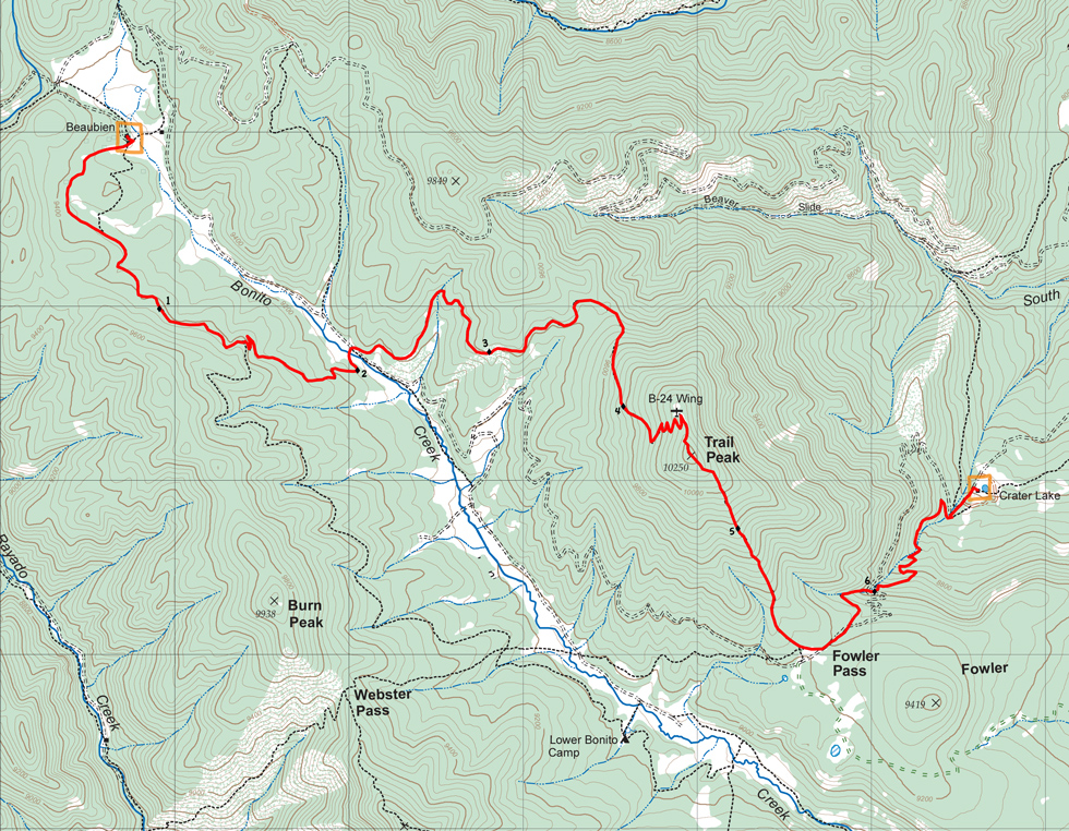 topographic map of route from Beaubien to Crater Lake