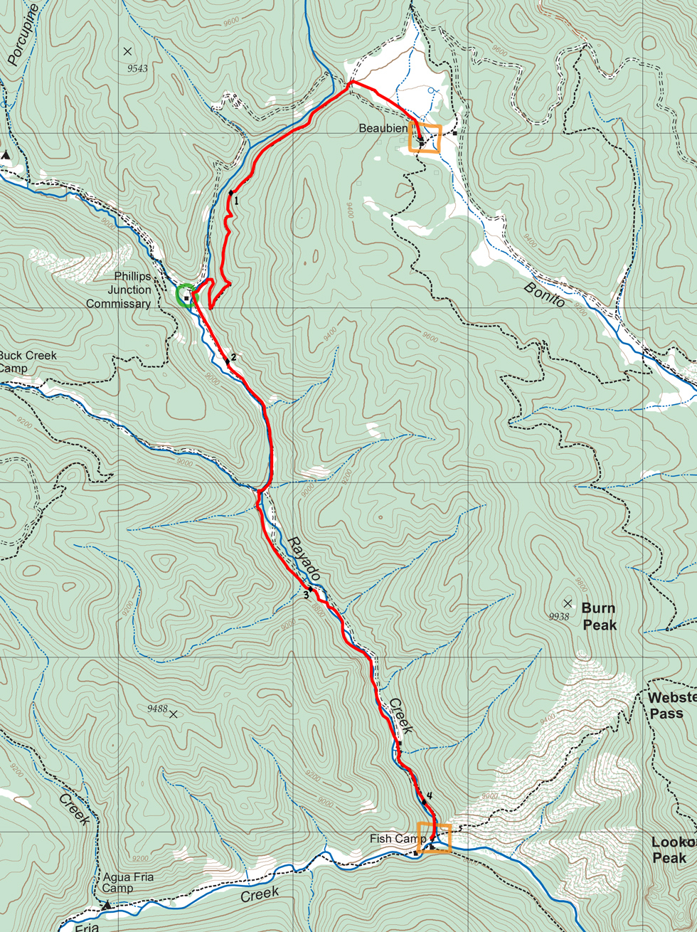 topographic map of reoute from Beaubien to Fish Camp