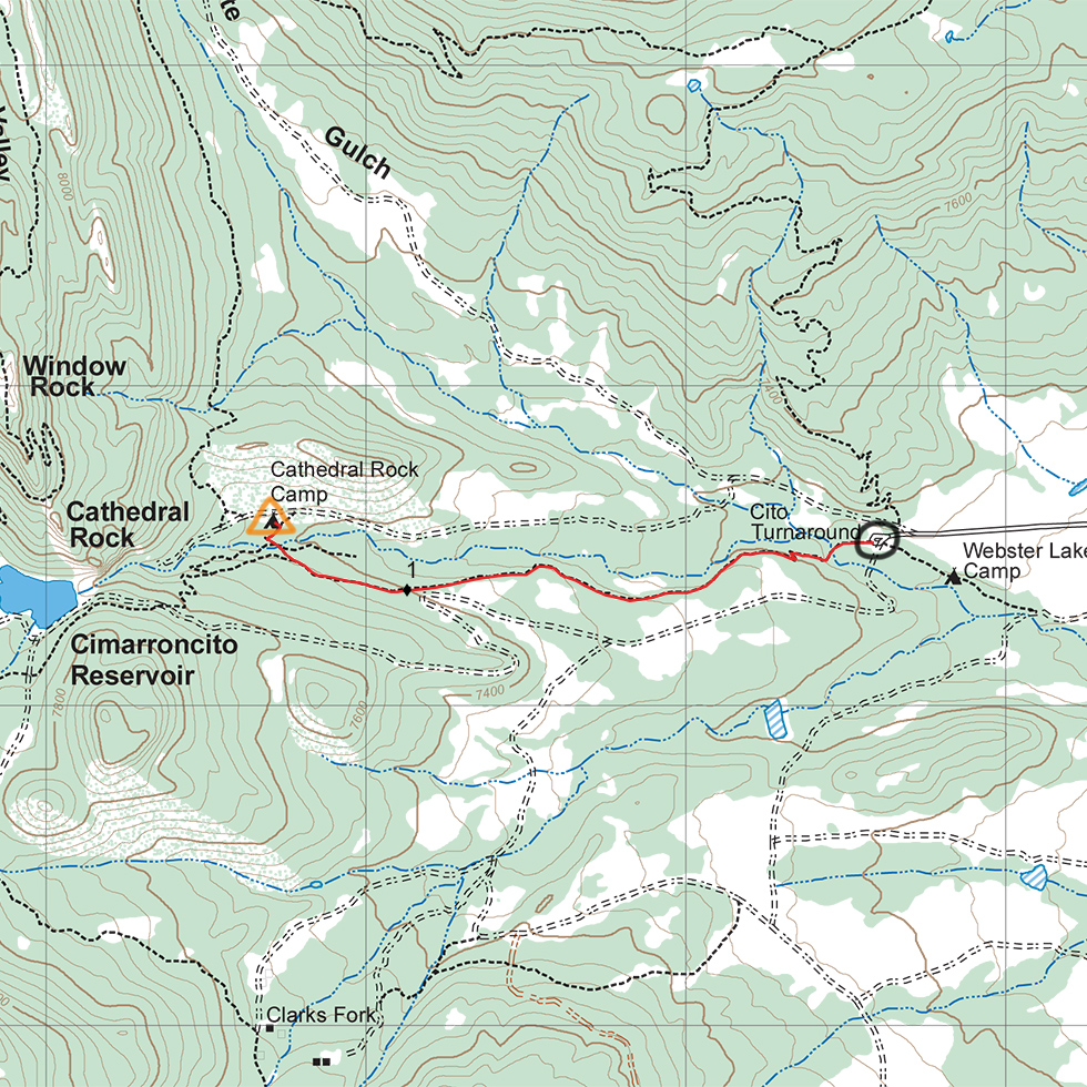 topographic map route between Cimarroncito and Cyphers Mine