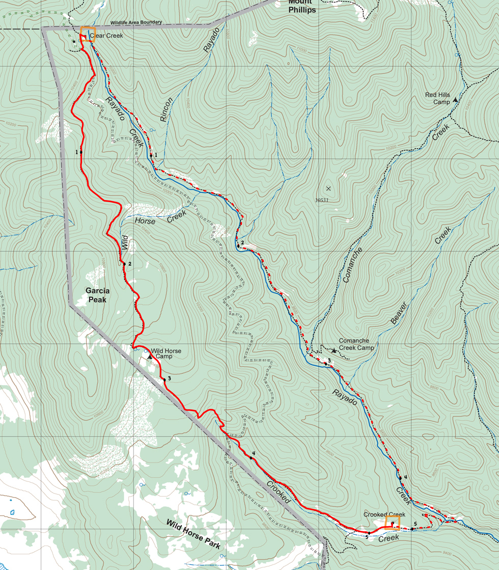 topographic map of route from Clear Creek to Crooked Creek