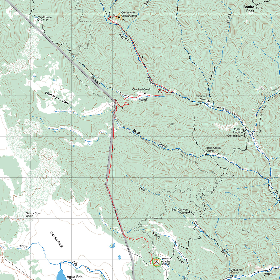 topographic map route between Mt Phillips and Comanche Creek