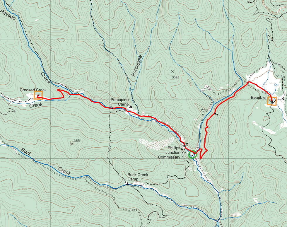 topographic map of route from Crooked Creek to Beaubien