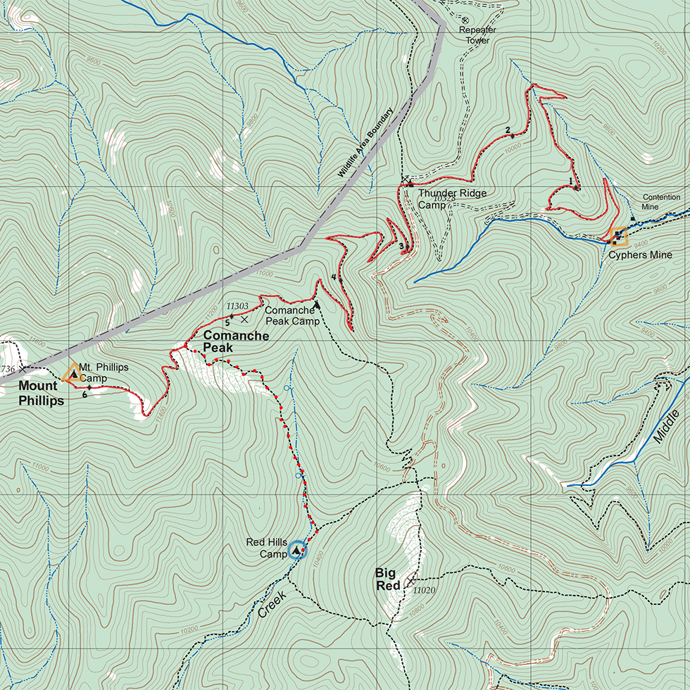 topographic map route between Cathedral Rock and Cimarroncito