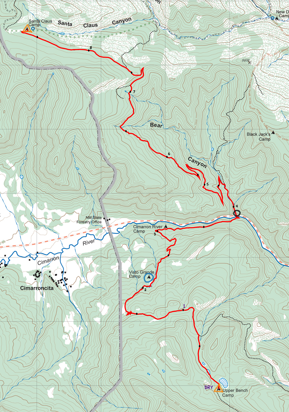 topographic map of itinerary 32, day 7 route