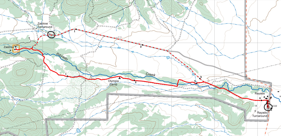 topographic map of route from Zastrow to Rayado Turnaround